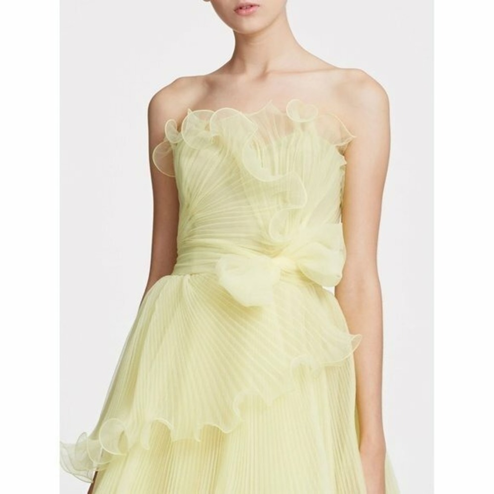 Marchesa Yellow Strapless Ruffle Trim Pleated Organza Dress Size 12 $2995 - Picture 3 of 4